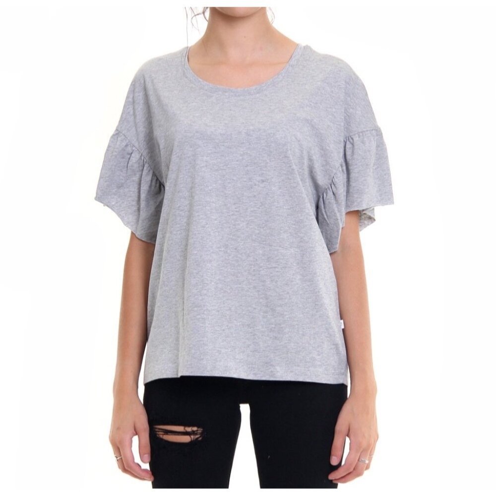 Calvin Klein Jeans Heather Gray Ruffle Sleeve Related Fit T-Shirt Top Tee - Picture 7 of 9
